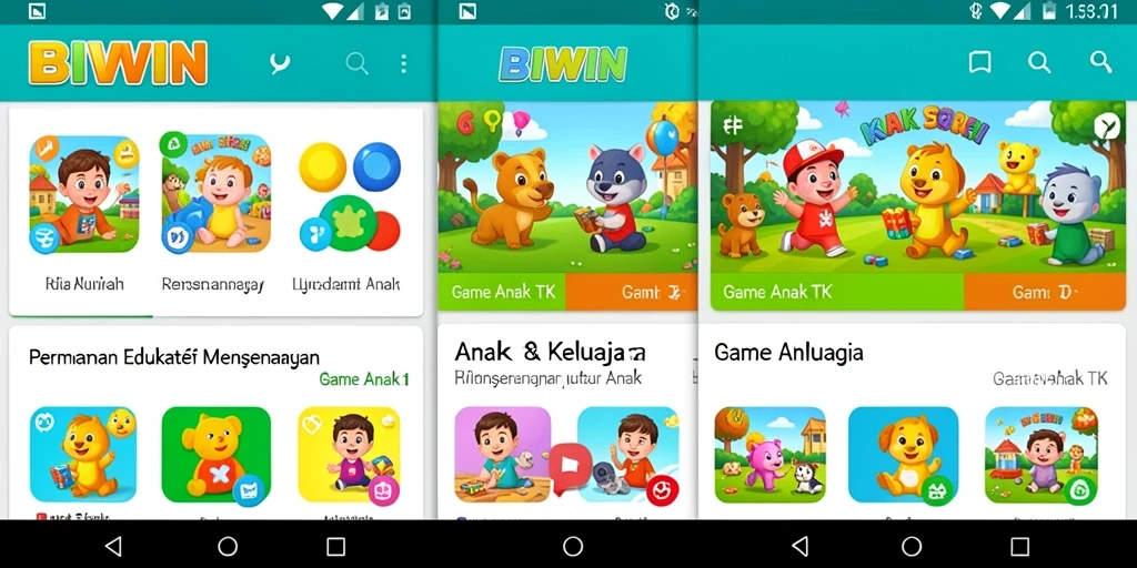 Antarmuka aplikasi BIWIN yang ceria dan interaktif untuk anak-anak.