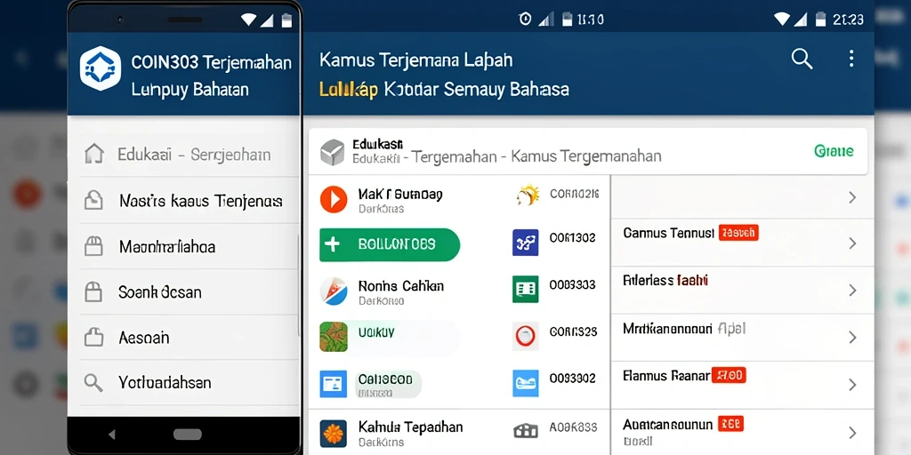 Tampilan utama COIN303 dengan fitur Kamus Terjemahan yang informatif.